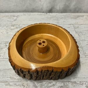 Vintage Wood Live Edge Tree Bark Nut Bowl Hand Carved Rusticware Souvenir MCM